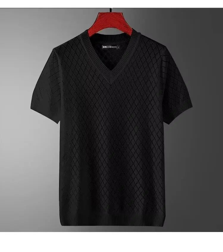 Noxwear - Men's Ice Silk Hollow V-neck T-shirt Top Summer Cool Thin Style Chicken Heart Short Sleeves Knitted Top