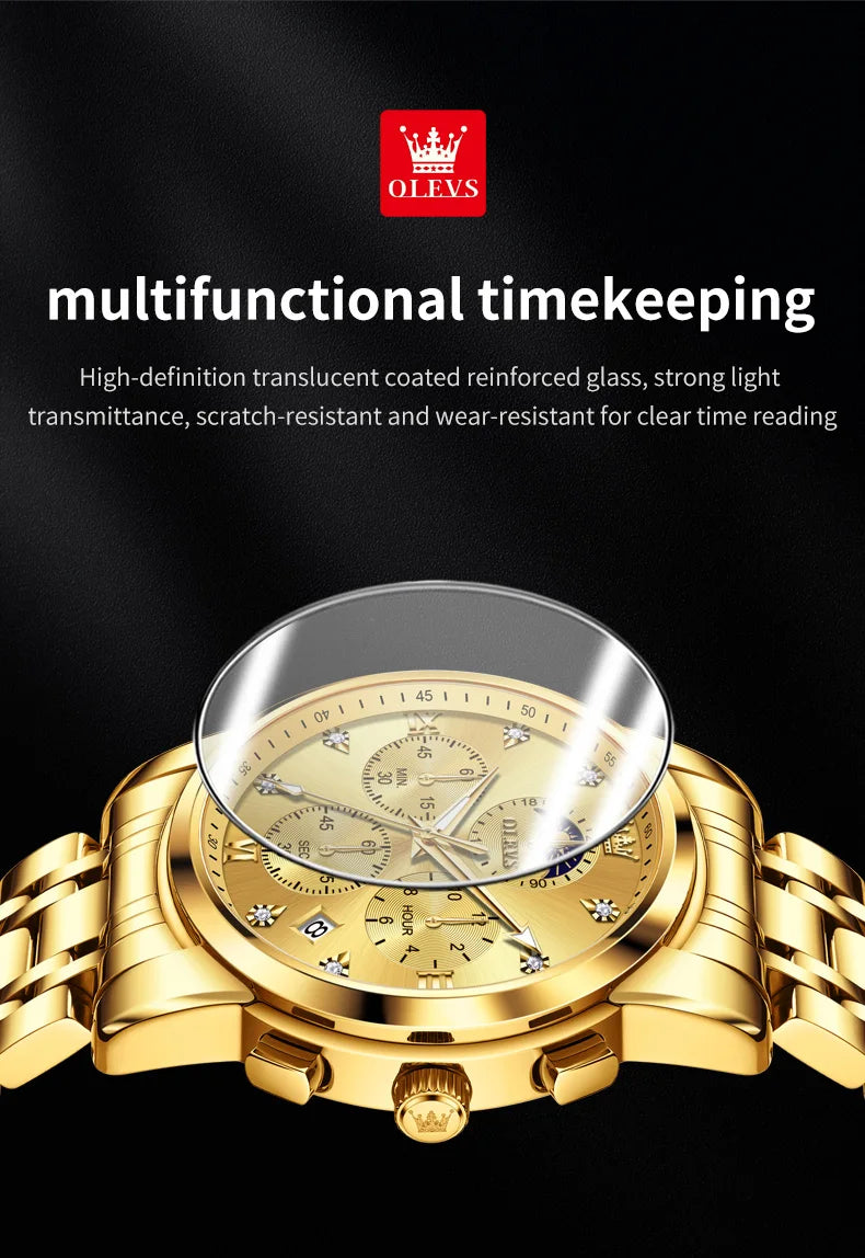Noxwear - OLEVS Top Luxury Brand Men's Watches Moon Phase Chronograph Quartz Watch for Man Gold Stainless Steel Luminous Original Watch