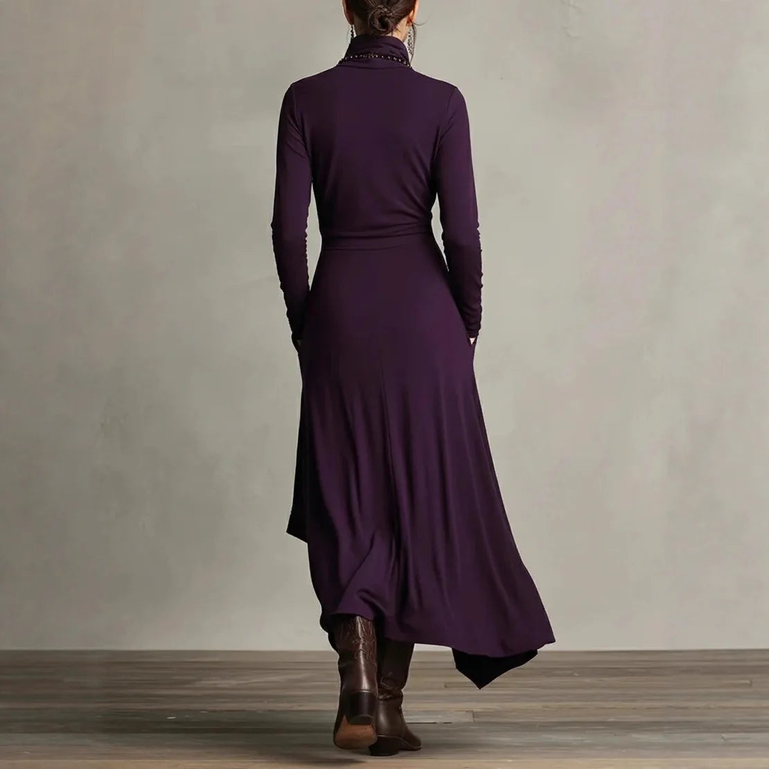 Noxwear Vintage Pocket Asymmetric Dress for Women's Long Sleeve Solid Turtleneck Minimalist Retro Casual Autumn Long Dresses 2025