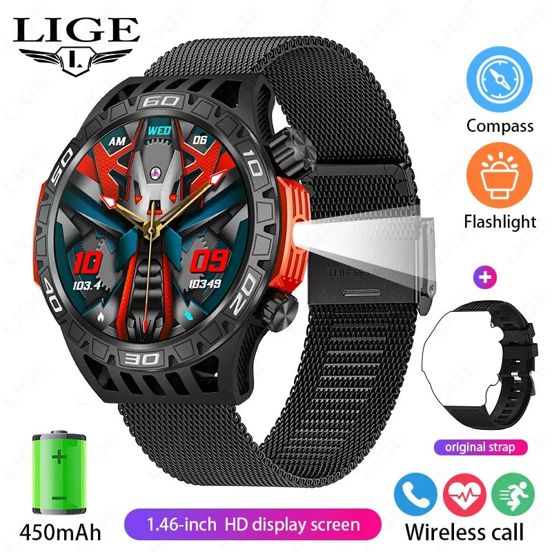 Noxwear - LIGE GPS Smart Watch Men LED Flashlight Compass Waterproof Bluetooth Call Health Watches Voice Assistant Military Smartwatch Men