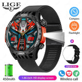 Noxwear - LIGE GPS Smart Watch Men LED Flashlight Compass Waterproof Bluetooth Call Health Watches Voice Assistant Military Smartwatch Men