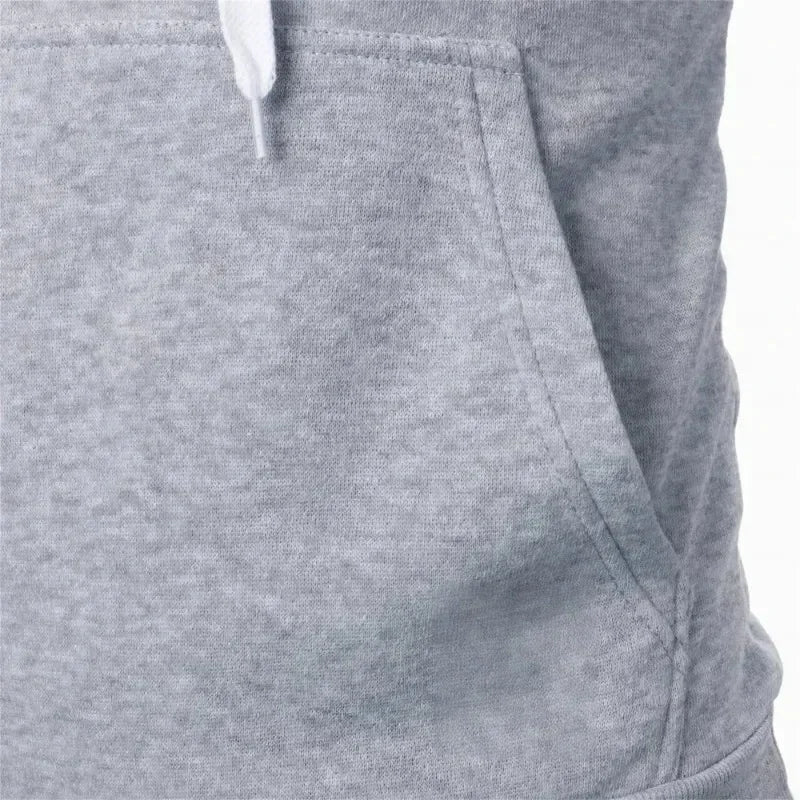 Men’s hooded sweatshirt in gray with front pouch pocket and drawstring detail, featuring cotton fabric for comfort and casual streetwear style.