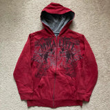 Noxwear Anime Hoodies in red featuring black chest graphic with intricate artistic design, zip‑up front, and oversized streetwear fit.