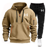 Noxwear-Men new autumn and winter multi-pocket zipper long-sleeved hoodie + sports and leisure pants two-piece fitness jogging suit