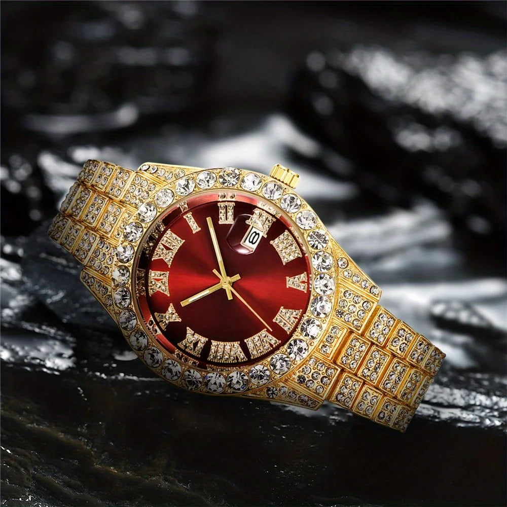 Noxwear - Mens Hip Hop Watch VintagInspired Retro Quartz Timepiece with Oversized Rhinestone Dial and Durable Stainless Steel Band for Men