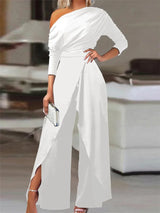 Noxwear 2025 Spring Jumpsuits for Women Plain Elegant Office Lady Loose Ruched One Shoulder Split Hem Wide Leg Jumpsuit