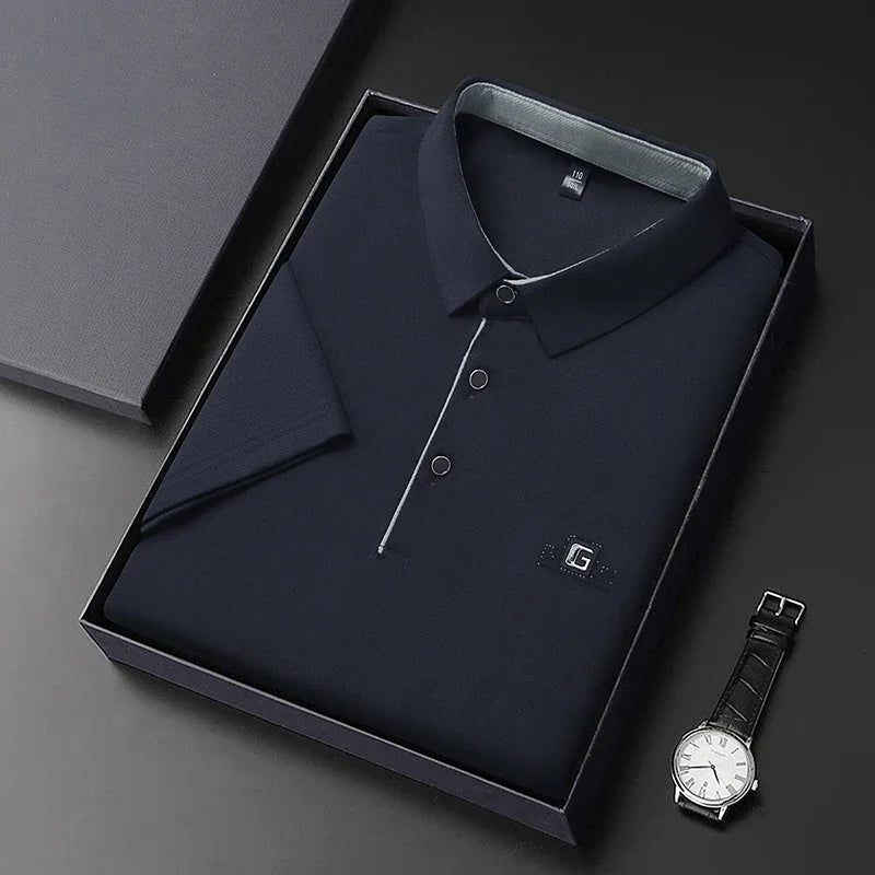 Noxwear - New Men's Business Casual Short Sleeved Shirt with Badge Solid Color Polo Shirt Fashionable Breathable Comfortable Versatile Top
