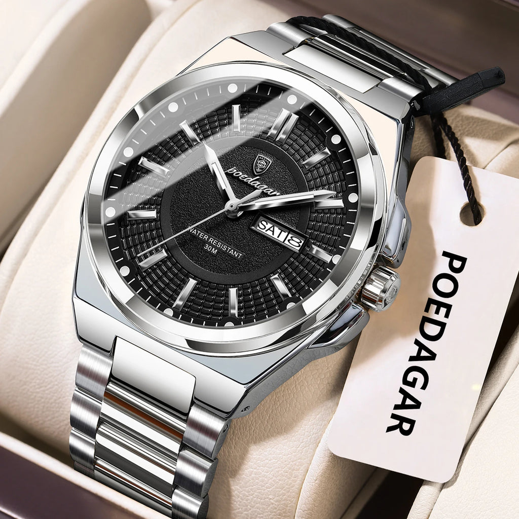 Noxwear - POEDAGAR Sport Original Men Clock Quartz Date Week Luxury Man Wristwatch Waterproof Luminous Stainless Steel Men's Watches Reloj