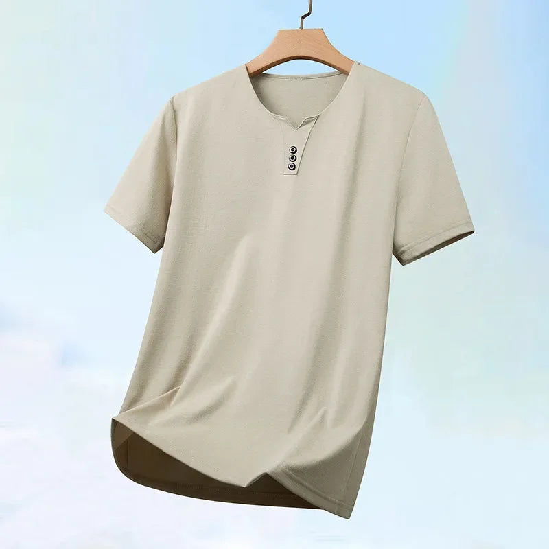 Noxwear - 2025 New Men's Business Casual Three Button V-neck Short Sleeved T-shirt Korean Style Summer Comfortable Versatile Top
