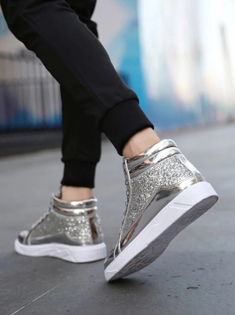 Noxwear - Men's Boots Nightclubs Fashiona Sequins With Diamonds Gold Leather Boots Trendy High Top Sports Casual Shoes Large Size 38-48
