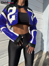 Noxwear Weird Puss Faux Leather Varsity Jacket Women Hipster Letter Print Autumn Casual Sporty Wild Streetwear Uniform Trend Crop Coat