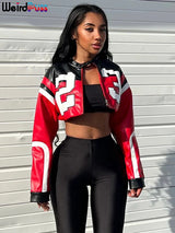 Noxwear Weird Puss Faux Leather Varsity Jacket Women Hipster Letter Print Autumn Casual Sporty Wild Streetwear Uniform Trend Crop Coat