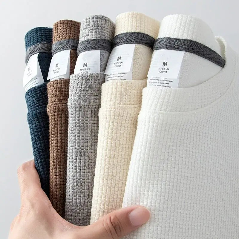 Noxwear - Waffle Short Sleeved T-shirt for Men and Women Summer Japanese Round Neck Half Sleeved Top Loose Casual Solid Color T-shirt