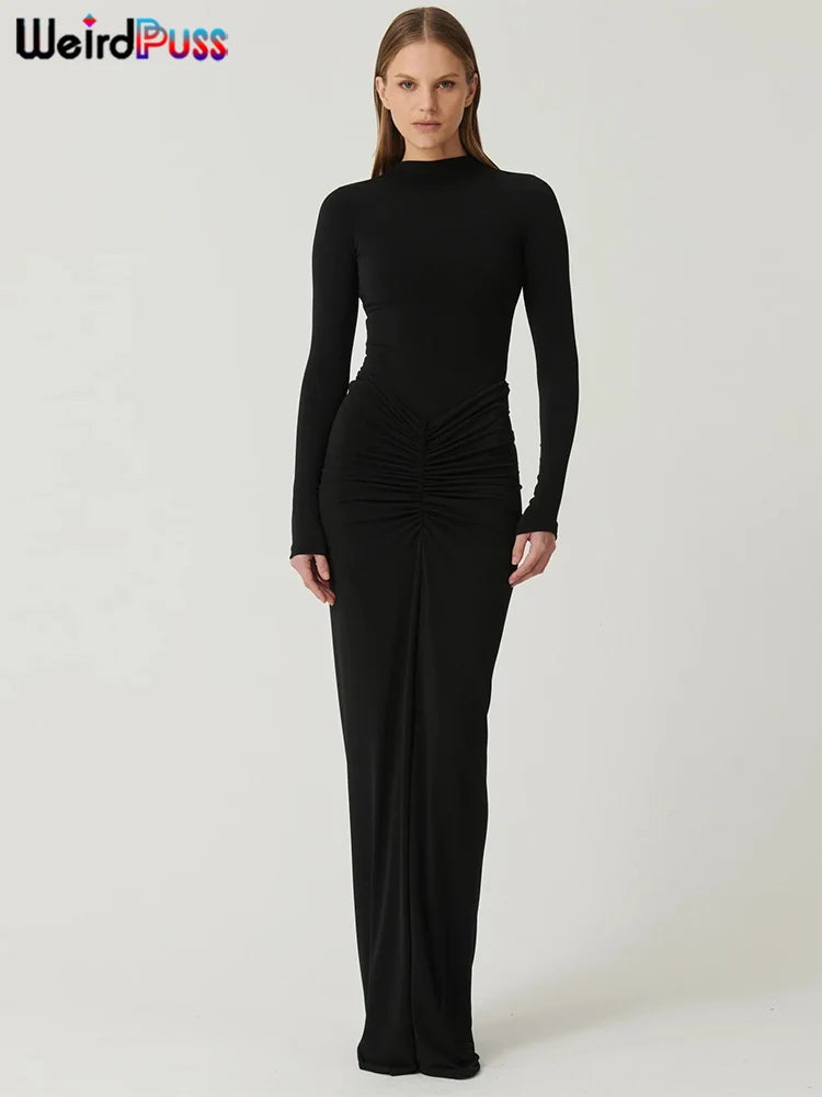 Noxwear Weird Puss Hipster Ruched Dress Women o-NeckFull Sleeve  Skinny Stretch Robe Autumn Trend Simple Classic Pleats Long Bodycon