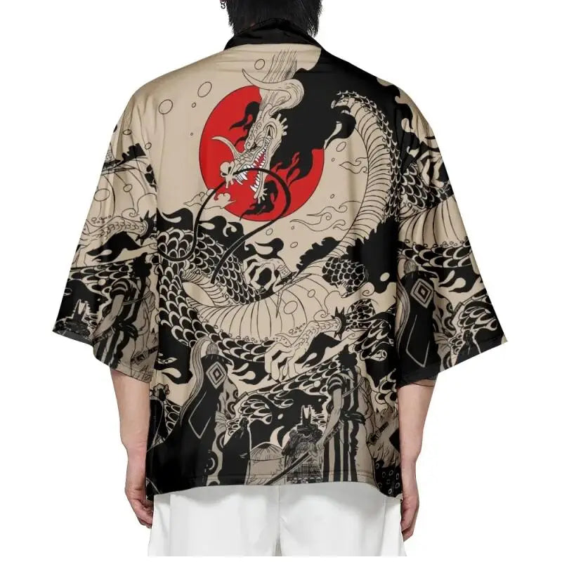 Noxwear-Summer Japanese Style Anime Dragon Print Cosplay Haori Yukata Top Adult Traditional Samurai Loose Kimono Cardigan for Men Women