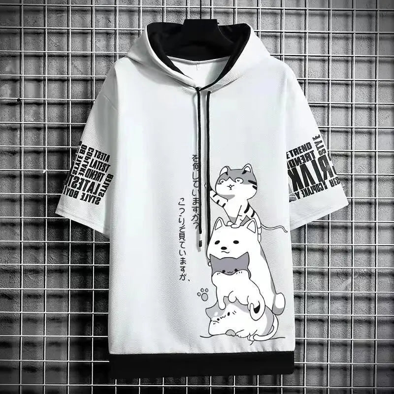 Noxwear - Japan Fashion Men's Hoodies Summer Men Clothing Cartoon Casual Harajuku Streetwear Print Hooded Top Short Sleeve Sweatshirts Men