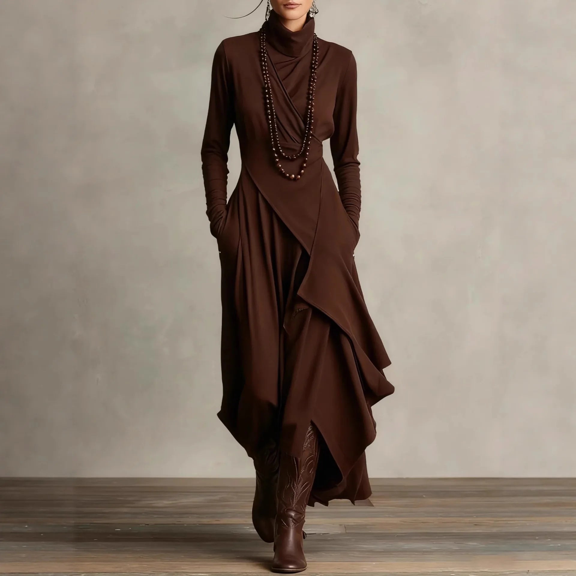 Noxwear Vintage Pocket Asymmetric Dress for Women's Long Sleeve Solid Turtleneck Minimalist Retro Casual Autumn Long Dresses 2025
