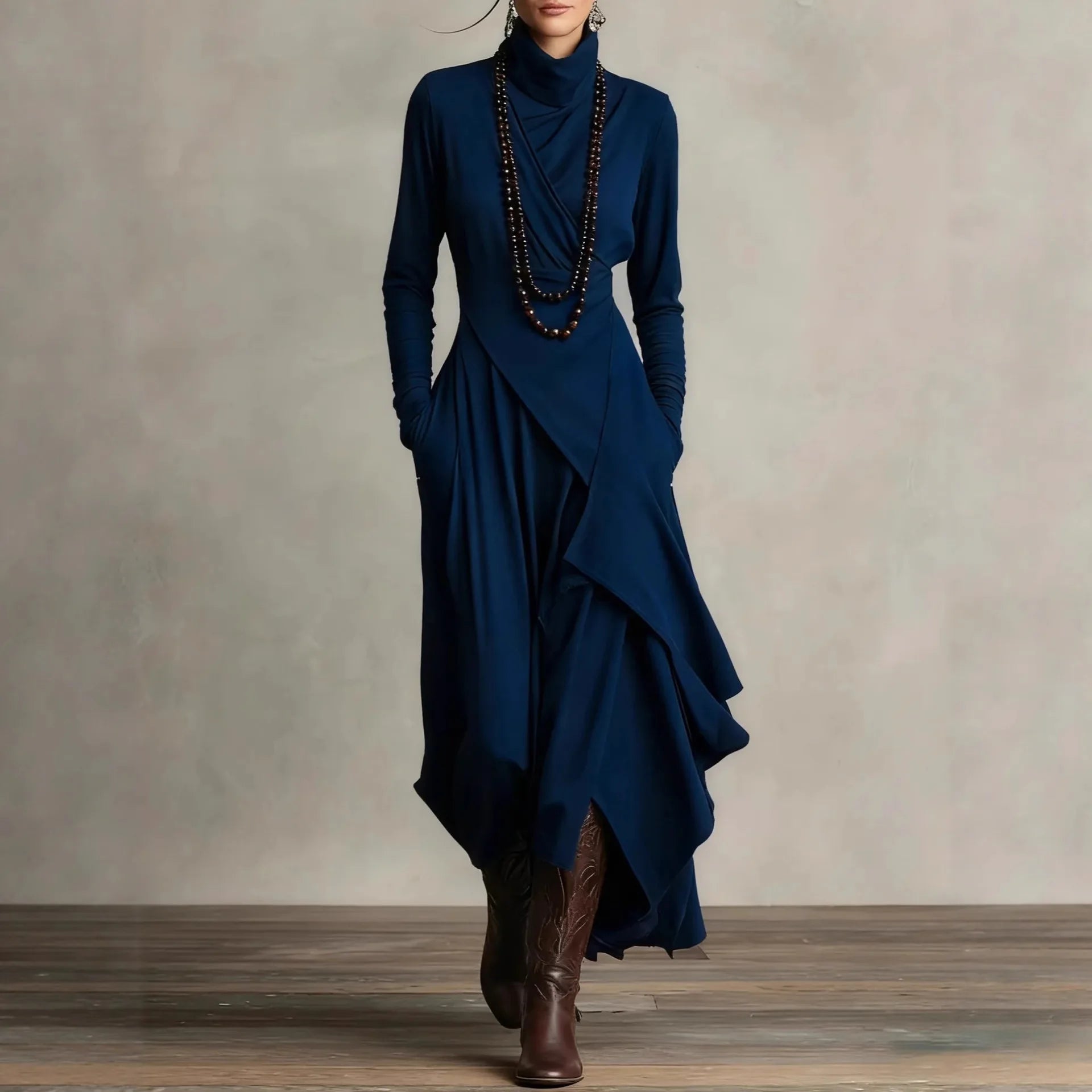 Noxwear Vintage Pocket Asymmetric Dress for Women's Long Sleeve Solid Turtleneck Minimalist Retro Casual Autumn Long Dresses 2025