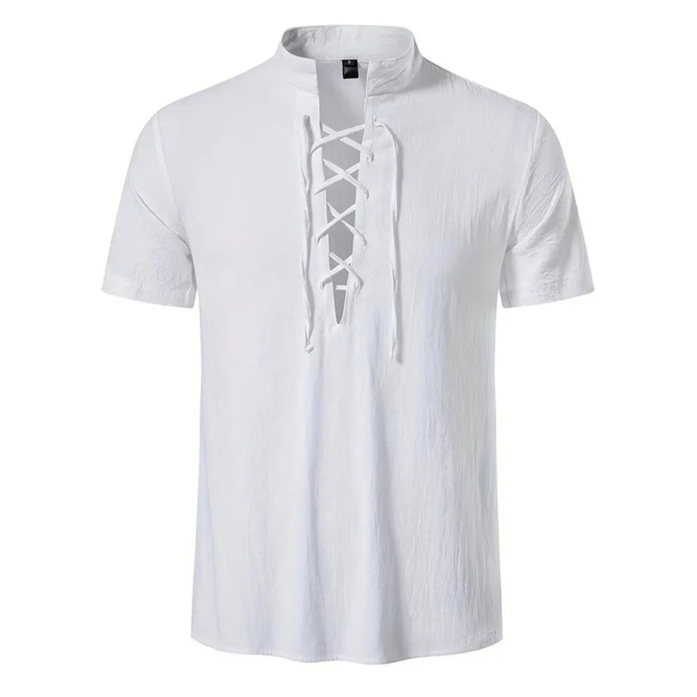 Noxwear - Men's Retro Shirt Short Sleeve Cotton Linen Lightweight Breathable Solid Color Fashion Tops Pirate V-neck Male Stylish Shirs