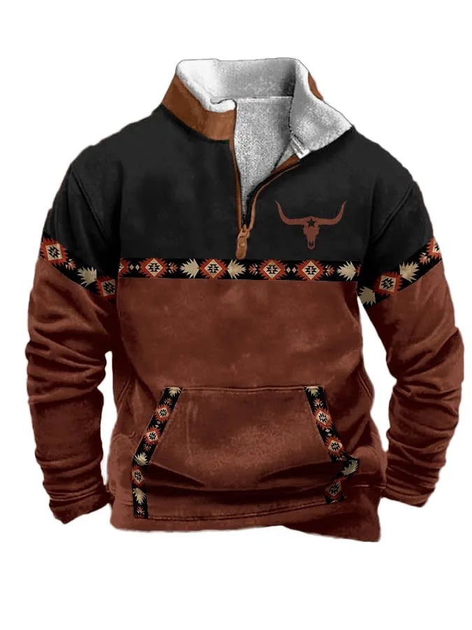 Noxwear - Men'S Vintage Western Hoodie with Aztec Cowboy Design - Beige & Gray Zip-Up Pullover with Pockets, Casual Long Sleeve Outdoor We
