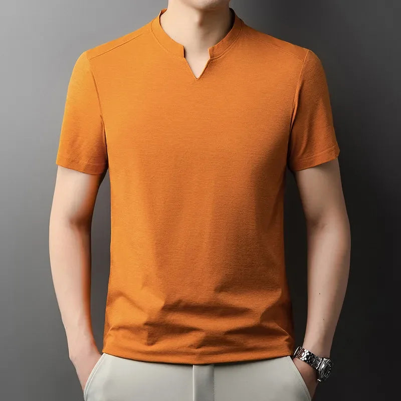 Noxwear - Korean Men's Casual and Fashionable Small V-neck Solid Color Short Sleeved T-shirt Comfortable Summer Versatile Top