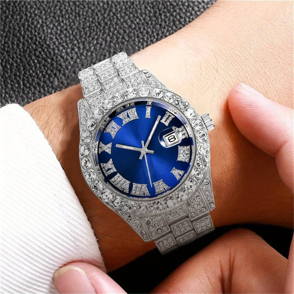 Noxwear - Mens Hip Hop Watch VintagInspired Retro Quartz Timepiece with Oversized Rhinestone Dial and Durable Stainless Steel Band for Men