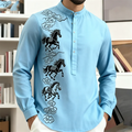 Noxwear - New men's casual fashion street men's 3D horse print shirt with collar and long sleeved top men's long sleeved shirt