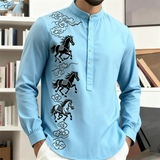 Noxwear - New men's casual fashion street men's 3D horse print shirt with collar and long sleeved top men's long sleeved shirt