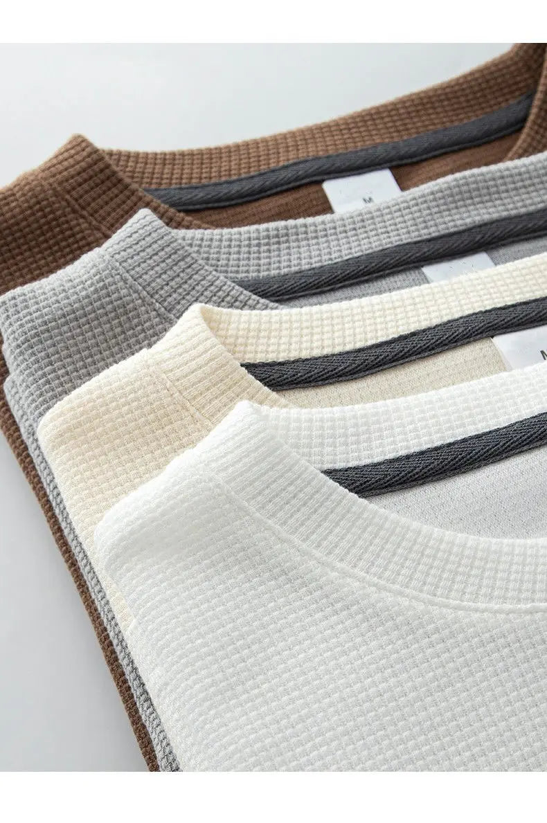 Noxwear - Waffle Short Sleeved T-shirt for Men and Women Summer Japanese Round Neck Half Sleeved Top Loose Casual Solid Color T-shirt