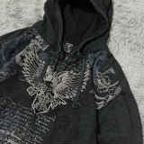 Noxwear Anime Hoodies featuring a black zip-up design with intricate graphic details and Gothic elements.