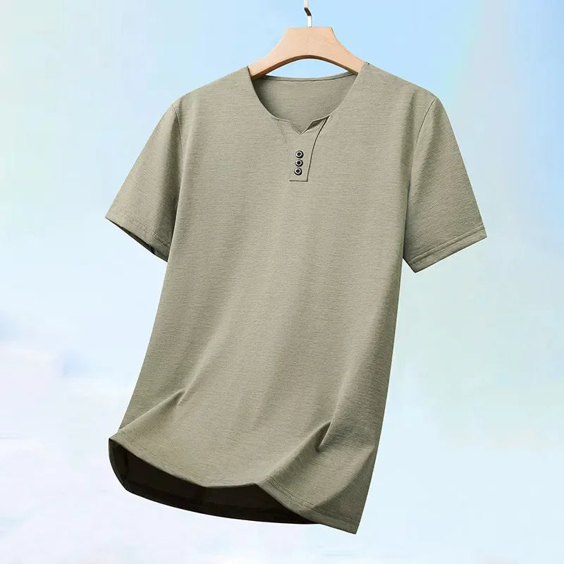 Noxwear - 2025 New Men's Business Casual Three Button V-neck Short Sleeved T-shirt Korean Style Summer Comfortable Versatile Top