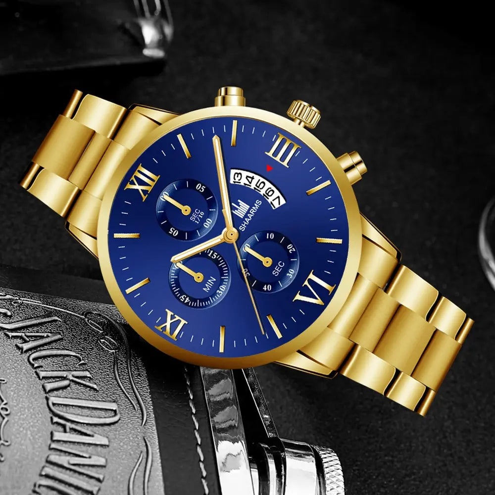 Noxwear -  Mens Fashion Business Quartz Watch Fashion Fake Three Eye Six Pin Calendar Men Watch Stainless Steel Belt Men Watches