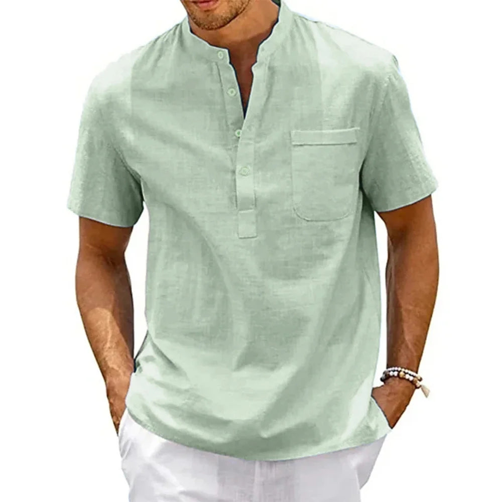Noxwear - Cotton Linen Shirt Men Henley Neck Pocket Casual Beach Short Sleeve Solid Color Male Tops T-shirts Vintage Streetwear