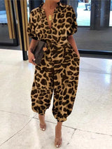 Noxwear Summer Fashion V-Neck Button Lace-Up Jumpsuit Short Sleeve Loose Playsuit Overalls Women Elegant Leopard Print Pocket Rompers