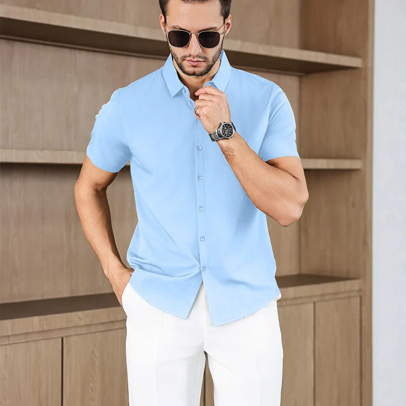 Noxwear -New Men's Business Casual Solid Color Short Sleeved Shirt for Summer Fashion No Ironing Comfortable and Versatile Top