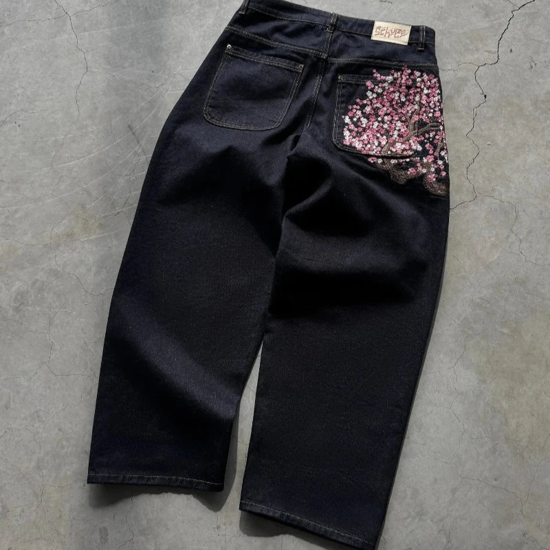 Noxwear - Y2K Baggy jeans Cherry Blossom Selvedge Embroidery Denim Pants men women denim fabric American Hiphop Streetwear Wide Leg Jeans
