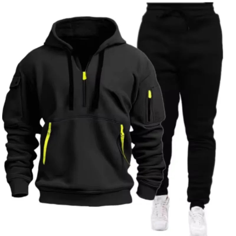 Noxwear-Men new autumn and winter multi-pocket zipper long-sleeved hoodie + sports and leisure pants two-piece fitness jogging suit