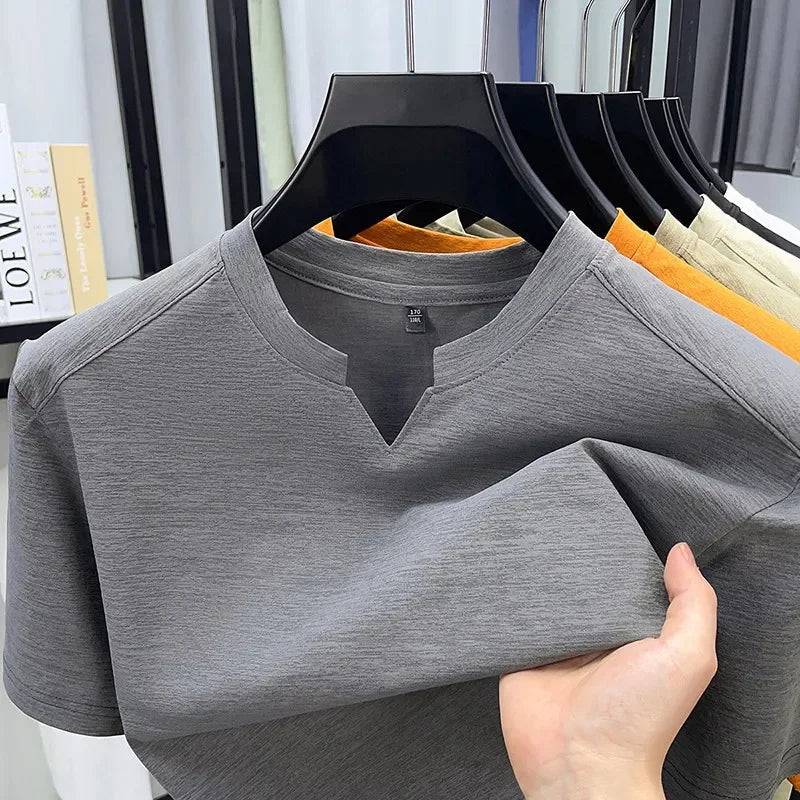 Noxwear - Korean Men's Casual and Fashionable Small V-neck Solid Color Short Sleeved T-shirt Comfortable Summer Versatile Top