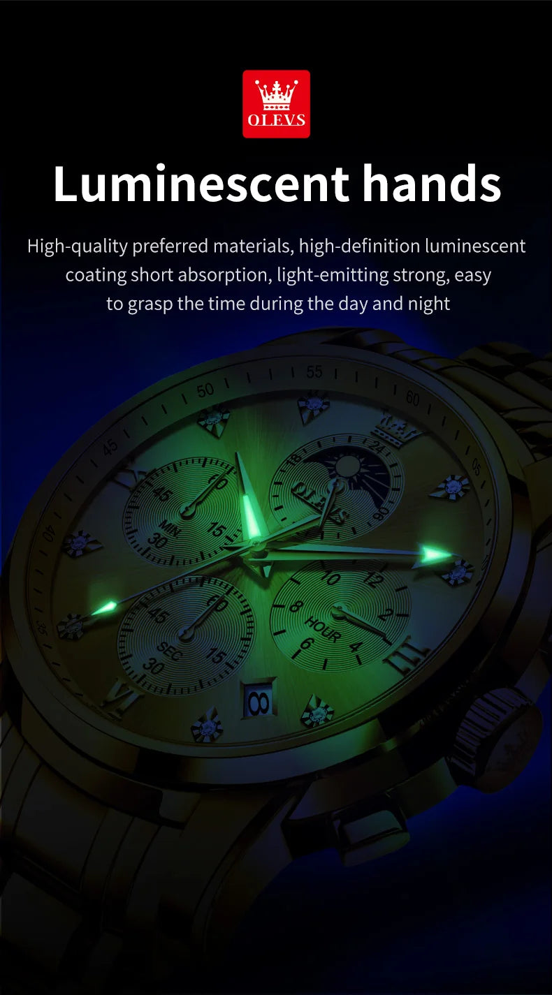 Noxwear - OLEVS Top Luxury Brand Men's Watches Moon Phase Chronograph Quartz Watch for Man Gold Stainless Steel Luminous Original Watch