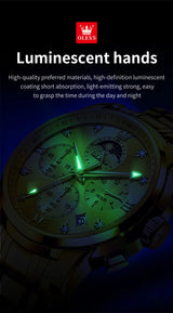 Noxwear - OLEVS Top Luxury Brand Men's Watches Moon Phase Chronograph Quartz Watch for Man Gold Stainless Steel Luminous Original Watch