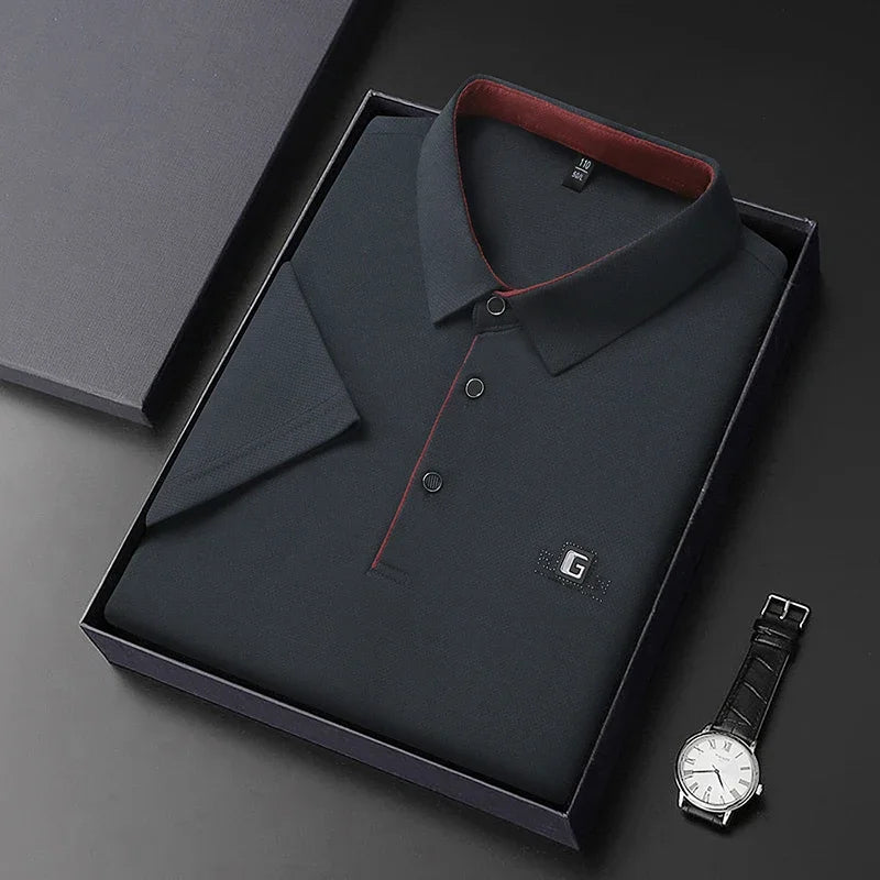 Noxwear - New Men's Business Casual Short Sleeved Shirt with Badge Solid Color Polo Shirt Fashionable Breathable Comfortable Versatile Top