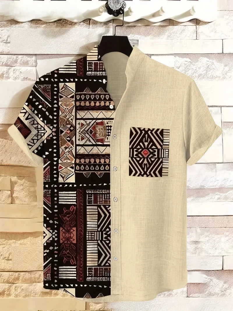 Noxwear - Vintage pattern print, fashionable men's short sleeved shirt, loose top, outdoor street, casual and comfortable