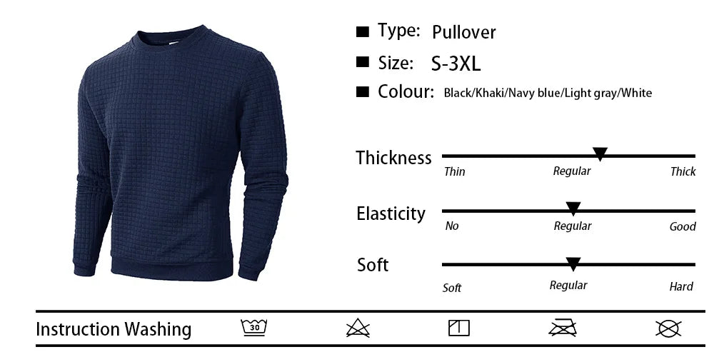 Noxwear - Autumn Men's Crew Neck Pullover Solid Color Casual Jacquard Check Sweatshirt Long Sleeve Warm Slim Sweaters Knitted Streetwear