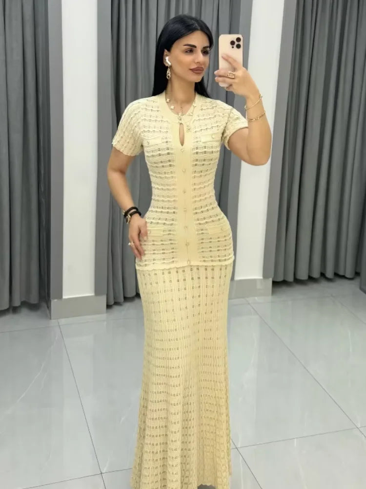 Noxwear Vintage Textured High Street A Line Vistidos Women's Chic Short Sleeve Bodycon Long Dress 2026 Casual Single Breasted Dresses