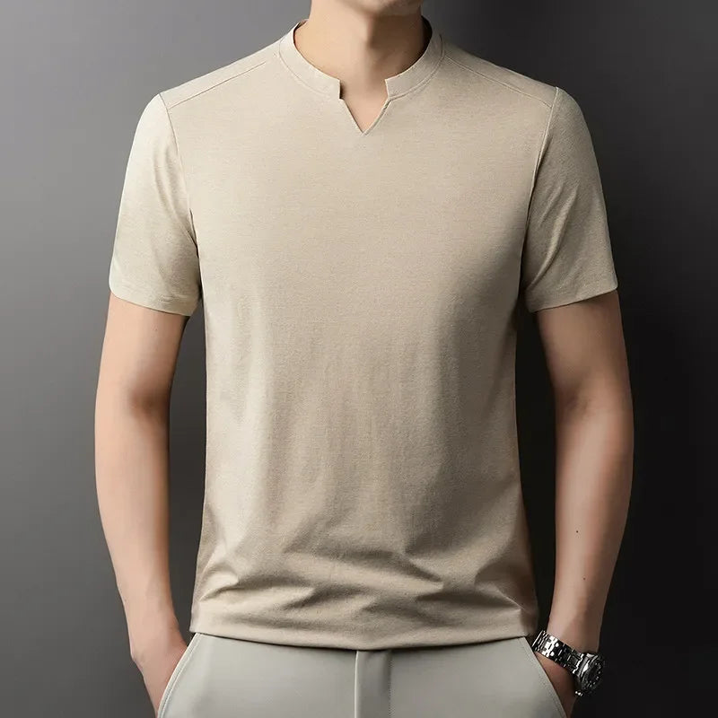 Noxwear - Korean Men's Casual and Fashionable Small V-neck Solid Color Short Sleeved T-shirt Comfortable Summer Versatile Top