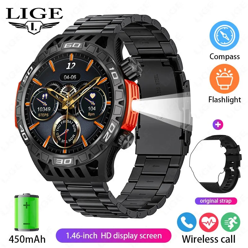 Noxwear - LIGE GPS Smart Watch Men LED Flashlight Compass Waterproof Bluetooth Call Health Watches Voice Assistant Military Smartwatch Men