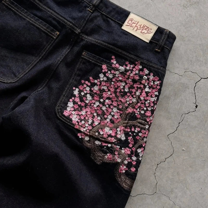 Noxwear - Y2K Baggy jeans Cherry Blossom Selvedge Embroidery Denim Pants men women denim fabric American Hiphop Streetwear Wide Leg Jeans