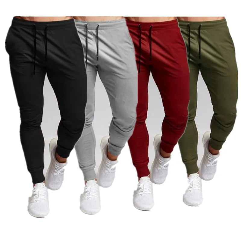 Men’s casual jogger sweatpants in black, gray, red, and olive green for everyday comfort and style.