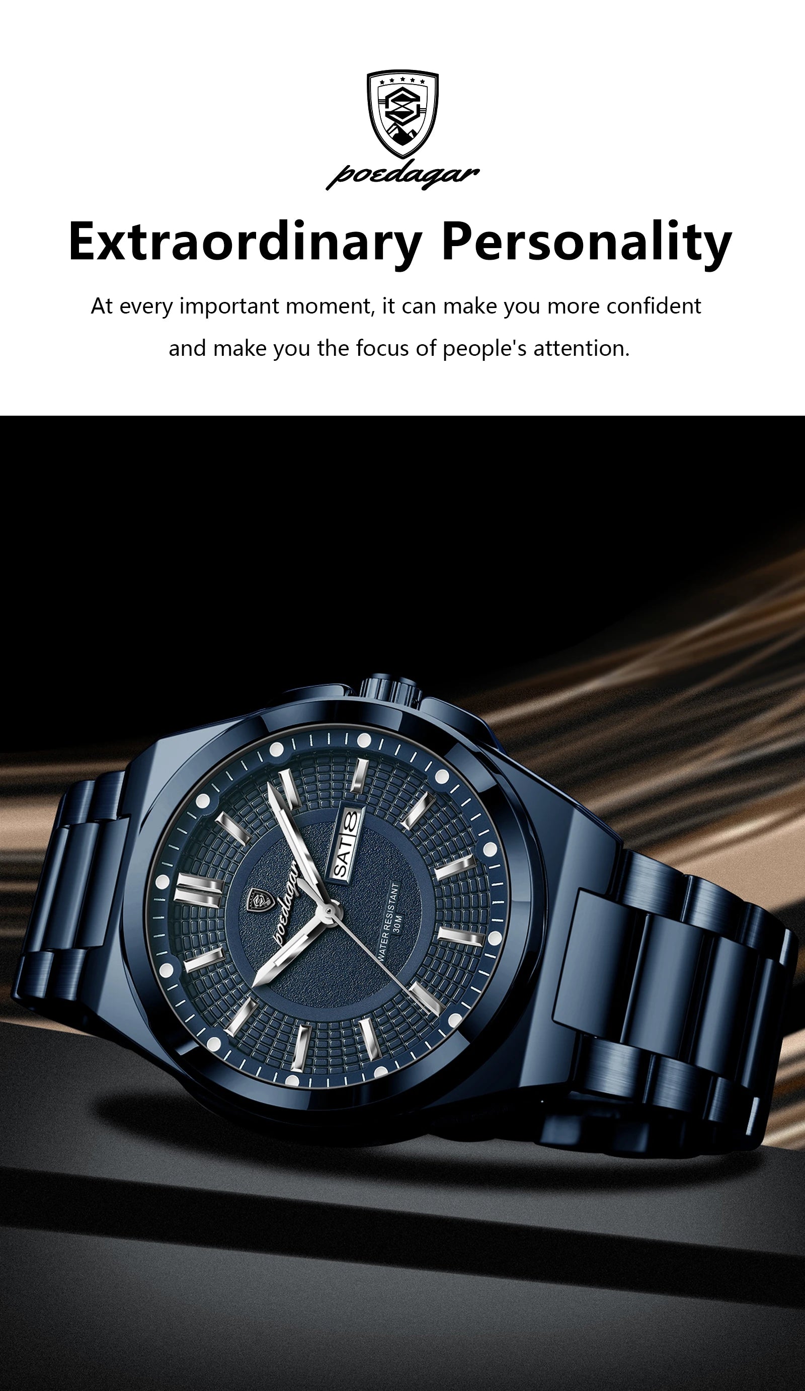 Noxwear - POEDAGAR Sport Original Men Clock Quartz Date Week Luxury Man Wristwatch Waterproof Luminous Stainless Steel Men's Watches Reloj