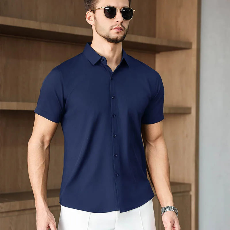 Noxwear -New Men's Business Casual Solid Color Short Sleeved Shirt for Summer Fashion No Ironing Comfortable and Versatile Top